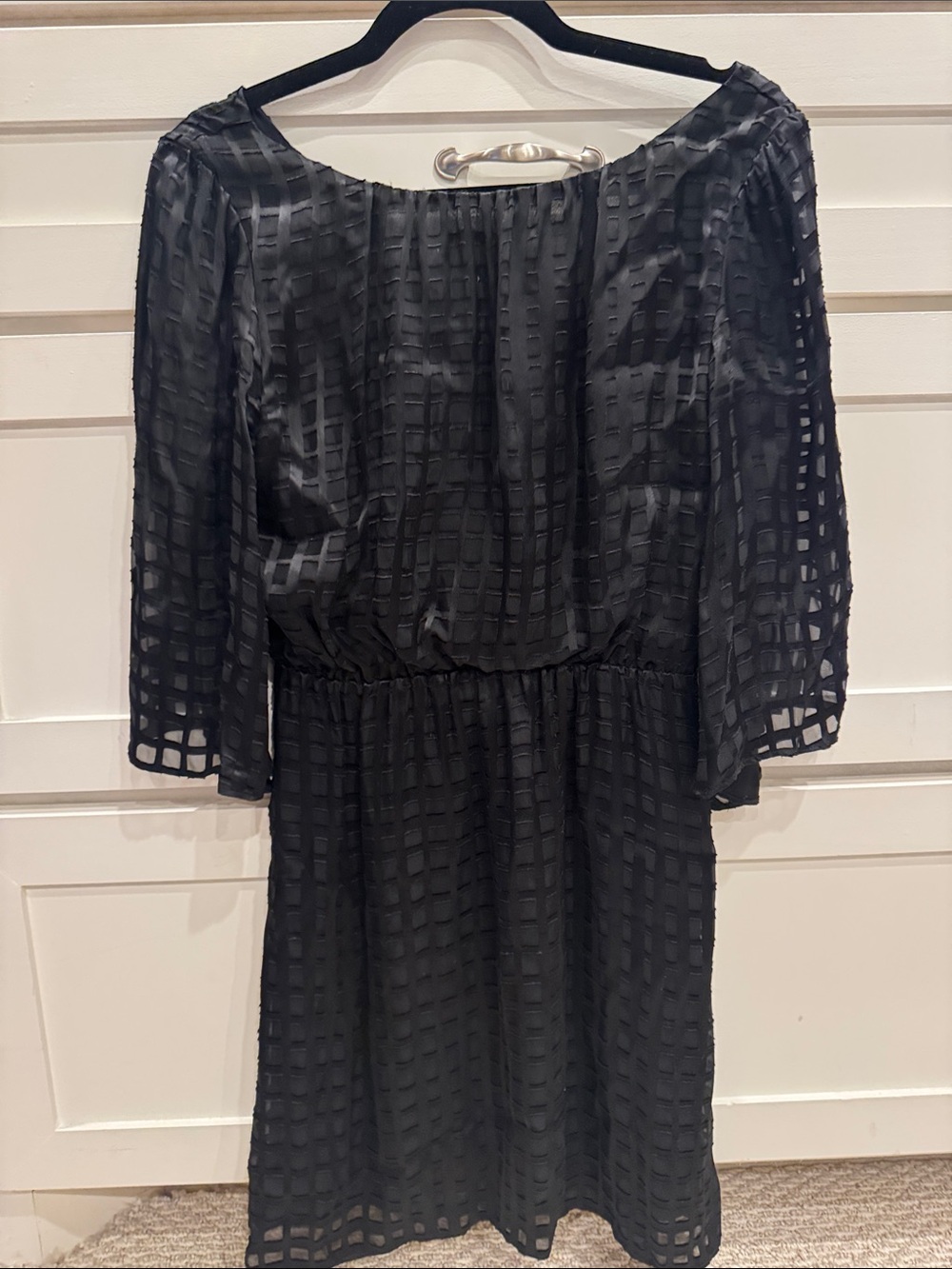 Alice + Olivia Black Sheer Grid Long-Sleeve Dress